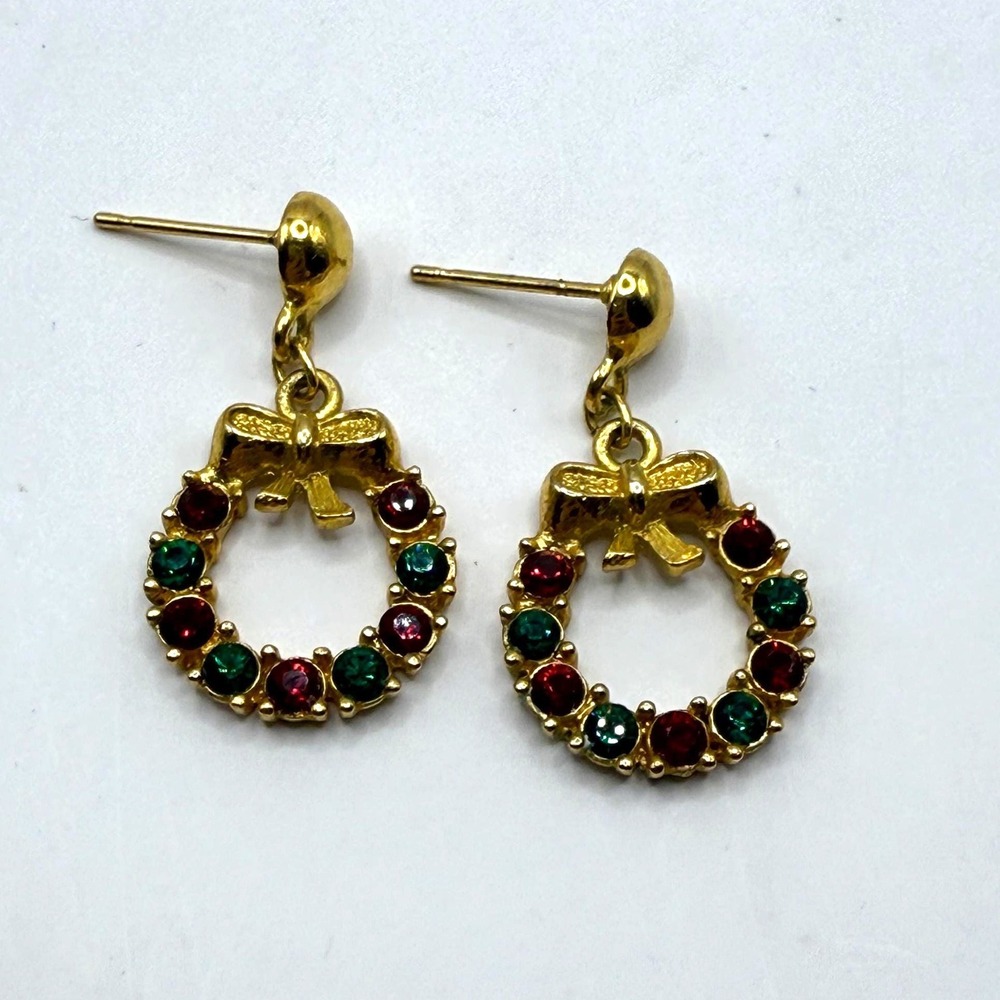 Vintage Gold Tone Christmas Wreath Post Earrings Red & Green Rhinestone Jewelry
